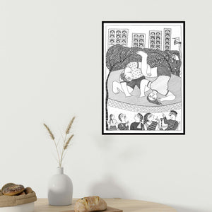 Avinash Karn's 'Dangal Girls' painting visualized above a sofa in a contemporary room.