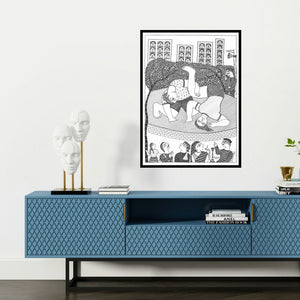 'Dangal Girls' painting by Avinash Karn shown on a wall in a furnished room.