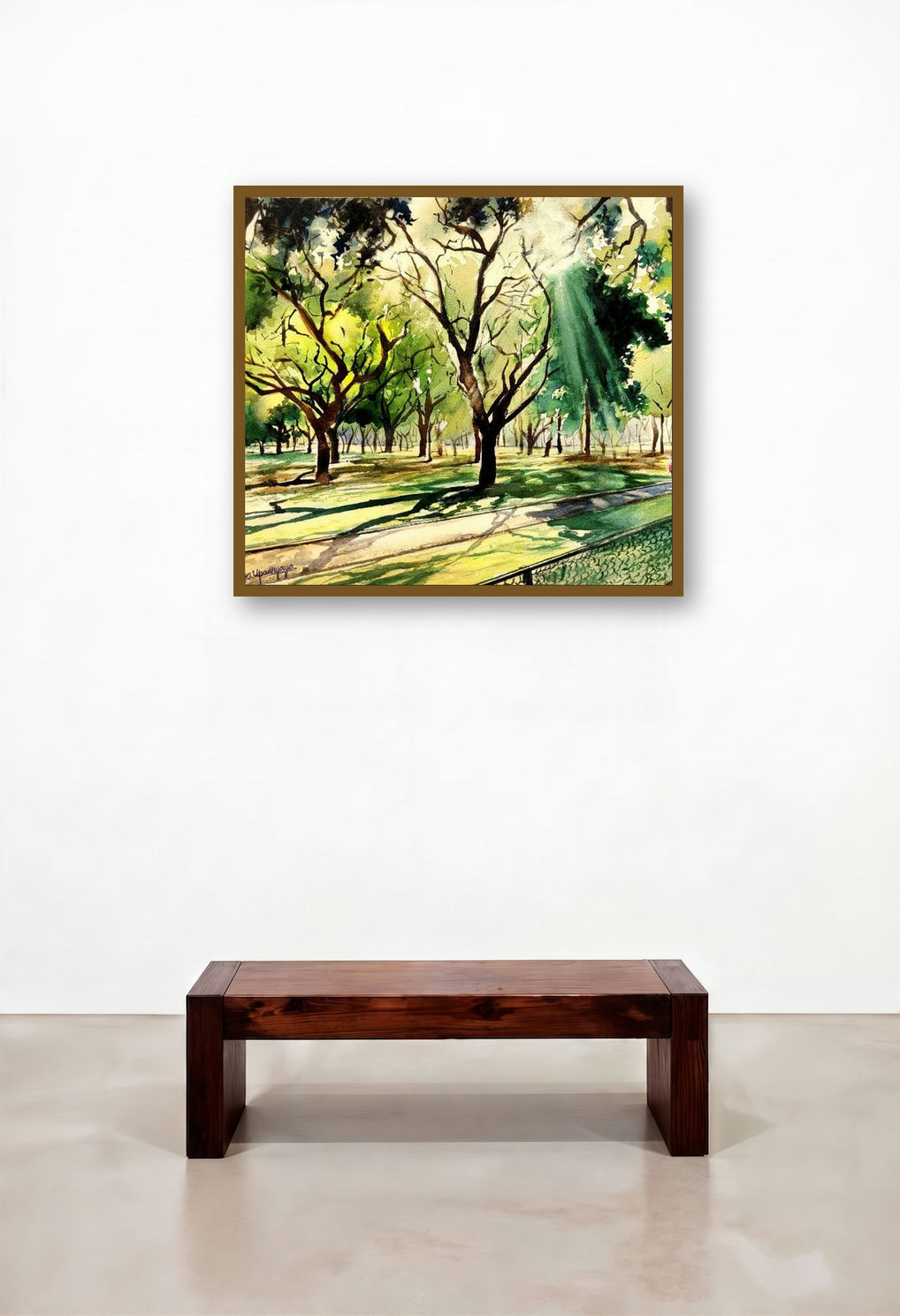 Dappled Light (Morning Serenity) by artist Lasya Upadhyaya displayed in a Scandinavian Bedroom