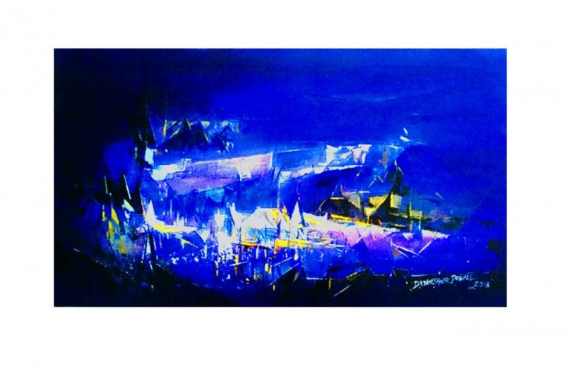 Abstract acrylic painting titled 'Dark blue', 18x30 inches, by artist Dnyaneshwar Dhavale on canvas