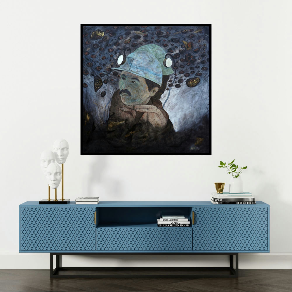 'Darkest Moments 6 (Miner's Resolve)' painting by Sudhir Bagde shown on a wall in a furnished room.