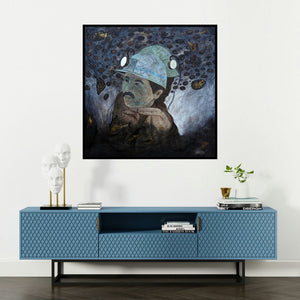 'Darkest Moments 6 (Miner's Resolve)' painting by Sudhir Bagde shown on a wall in a furnished room.