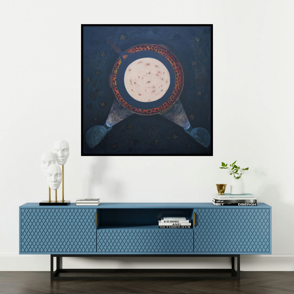 'Darkest Moments (Celestial Spotlight)' painting by Sudhir Bagde shown on a wall in a furnished room.