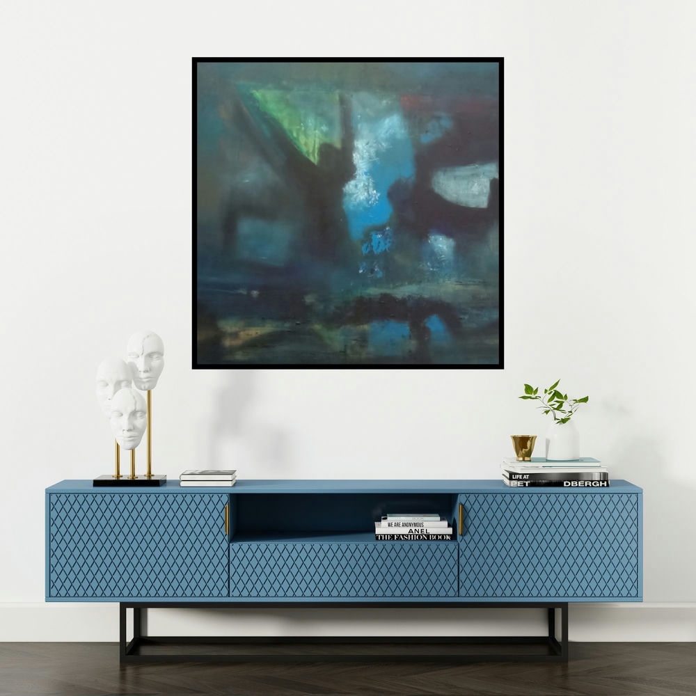 'The Darkness Of Night (Twilight Reflections)' painting by Dnyaneshwar Dhavale shown on a wall in a furnished room.