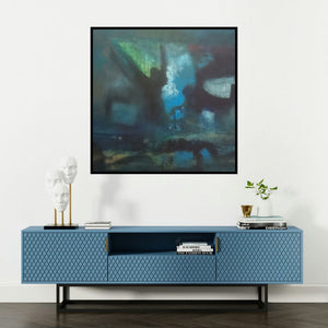 'The Darkness Of Night (Twilight Reflections)' painting by Dnyaneshwar Dhavale shown on a wall in a furnished room.