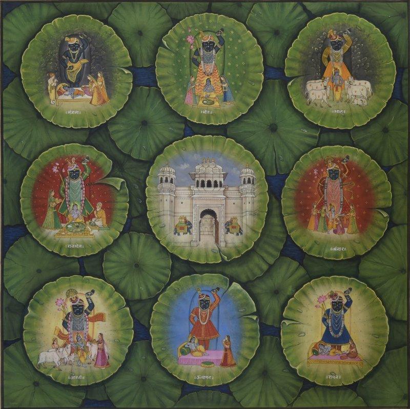 Religious mixed media painting titled 'Darshan Pichwai', 35x35 inches, by artist Pushkar Lohar Pichwai on Cloth
