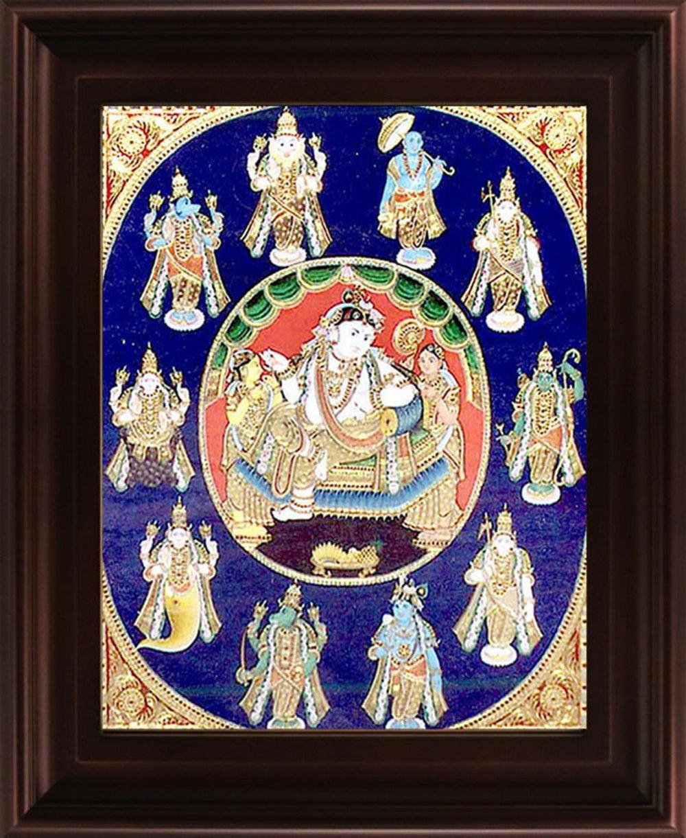 Religious tanjore traditional art titled 'Dasavatharam Tanjore Painting', 24x18 inches, by artist Myangadi Tanjore on Plywood