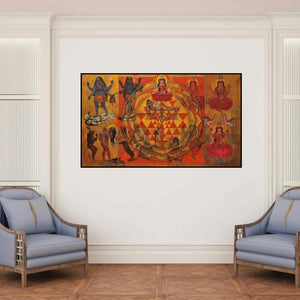 'Dasha Maha Vidya (The Ten Wisdom Goddesses)' painting by N P Rajeshwarr shown on a wall in a furnished room.