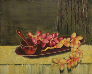 Dates On The Tray (Grapes) by Krupa Shah, Original Oil Still-Life Painting on Canvas, Small Horizontal Wall Art