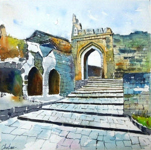 Daulatabadfort (Passage Through Time) by Chetan Agrawal, Original Watercolor Landscape Painting on Handmade Paper, X-Small Square Wall Art