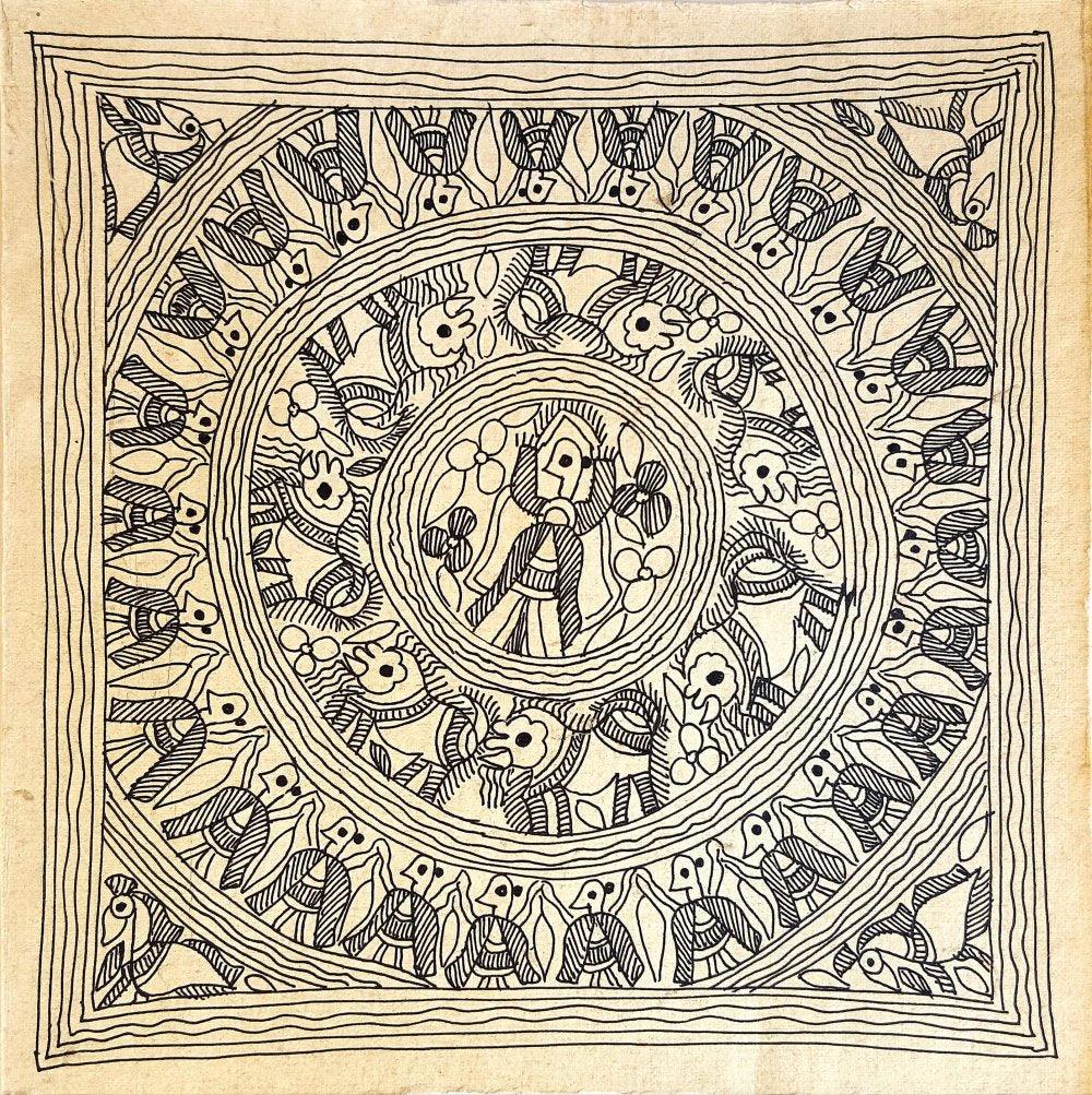 Folk Art madhubani traditional art titled 'Dauna The Flower Girl', 8x8 inches, by artist Kailash Devi on Handmade Paper