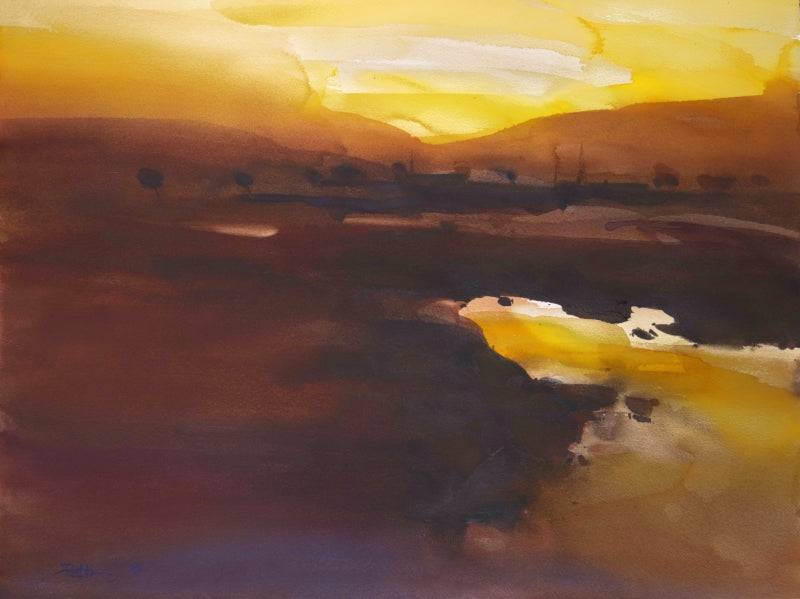 'Dawn Flows In' landscape watercolor painting by artist Prashant Prabhu, 22x30 inch, on paper