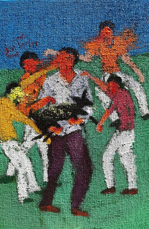 Figurative acrylic painting titled 'Day 6', 18x12 inches, by artist Kumar Ranjan on Jute