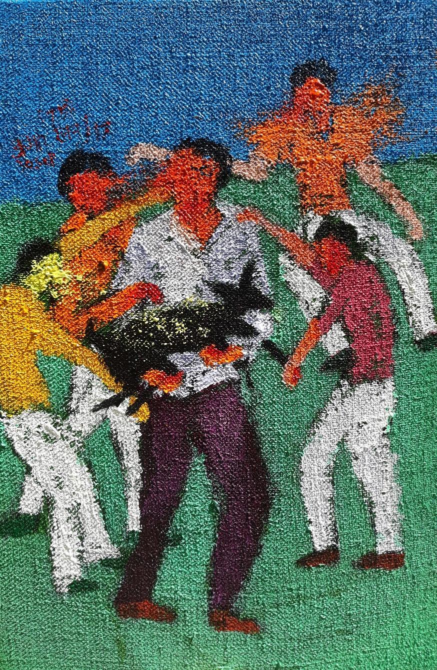 Figurative acrylic painting titled 'Day 6', 18x12 inches, by artist Kumar Ranjan on Jute