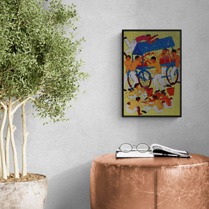 Preview of 'Day 9 (Chaat Party)' Painting by Kumar Ranjan shown on a wall in a furnished room.