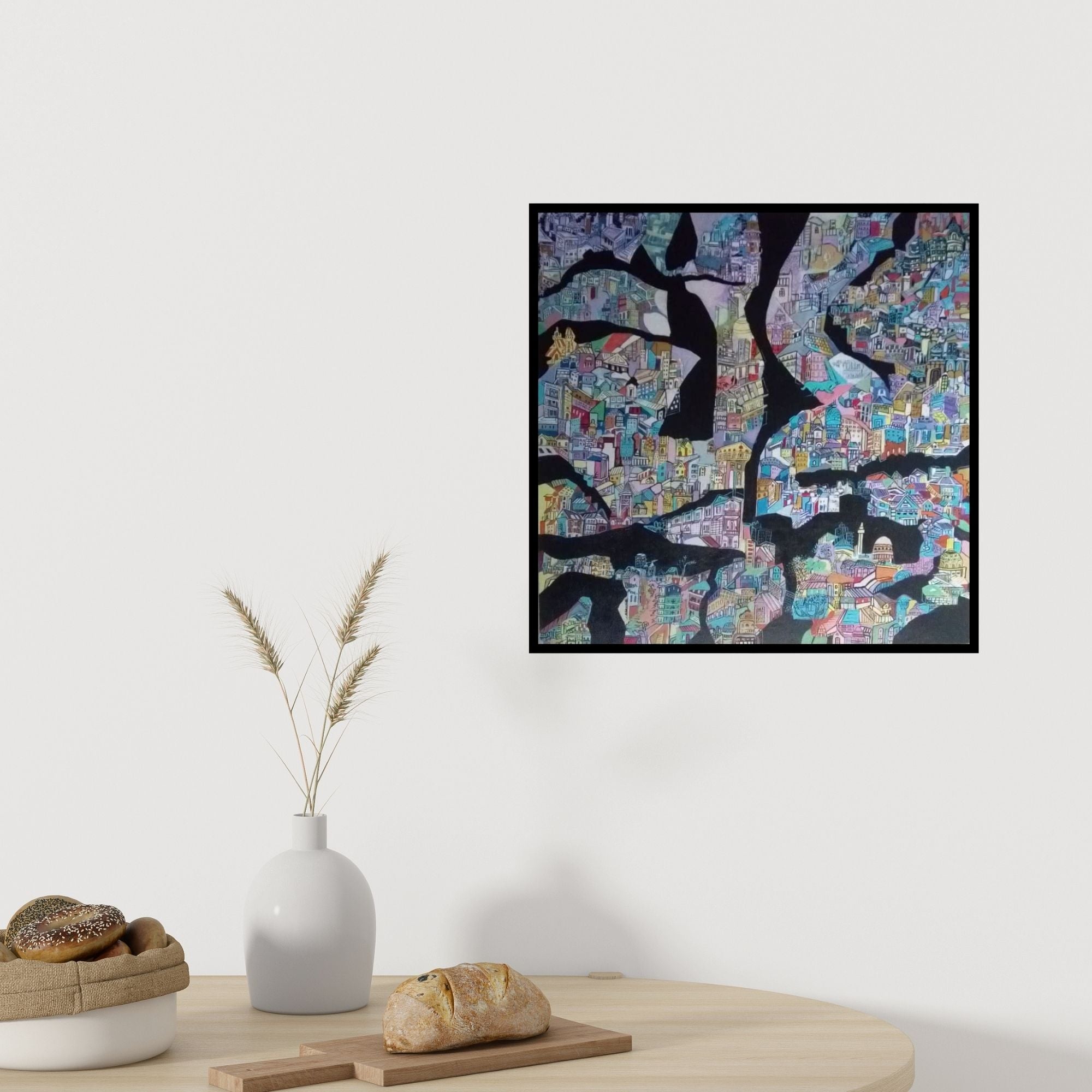 In-situ view of Shilpa Kulshrestha's 'A Day In City' painting in a room