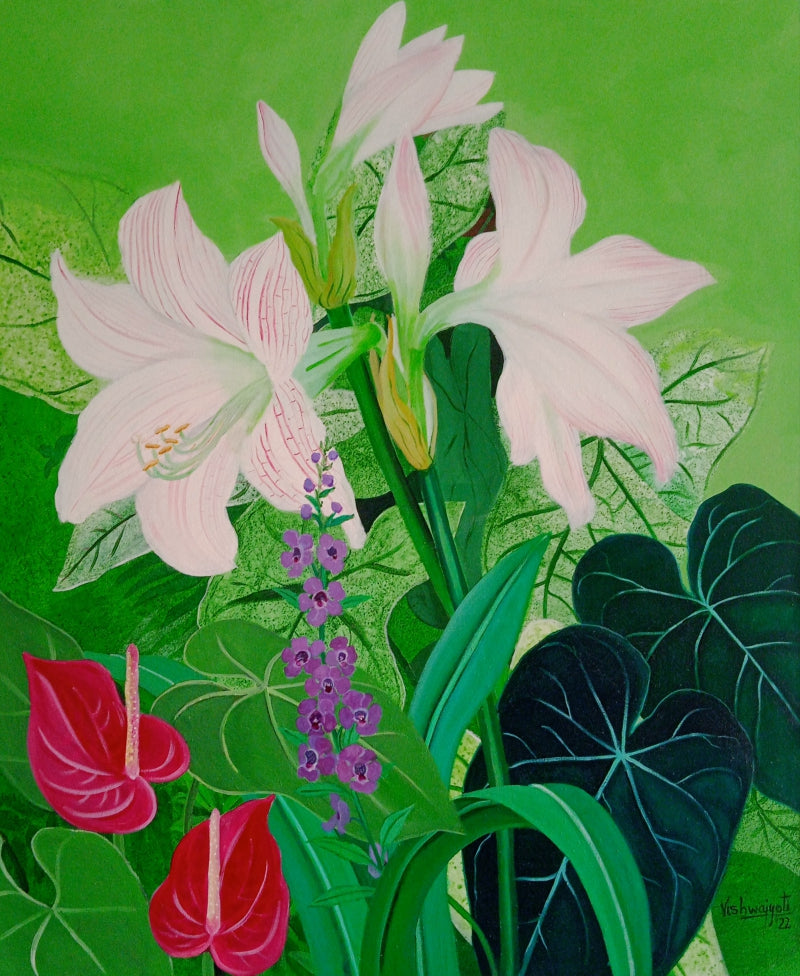 'Day Lillies And Anthuriams' nature acrylic painting by artist Vishwajyoti Mohrhoff, 36x36 inch, on canvas