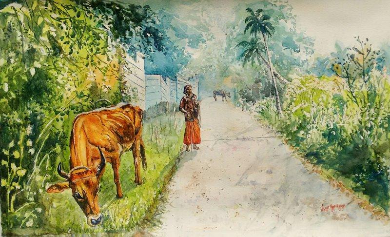 Scenic watercolor painting titled 'Daybreak in Kerala', 14x23 inches, by artist Lasya Upadhyaya on Paper