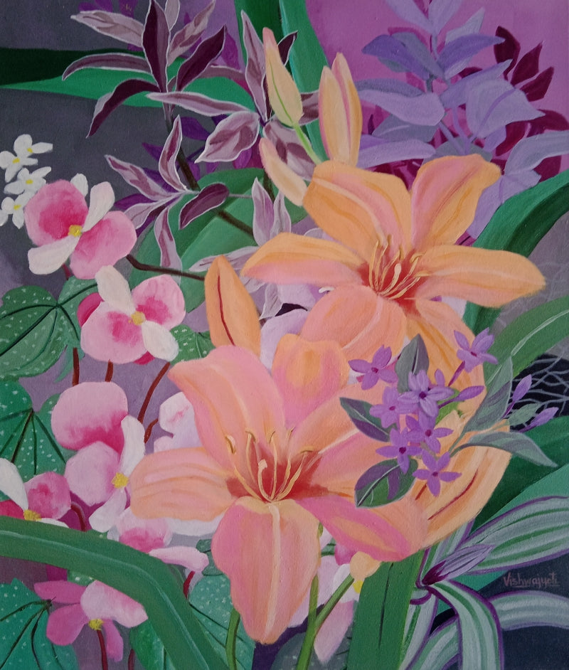 'Daylilies' nature acrylic painting by artist Vishwajyoti Mohrhoff, 30x24 inch, on canvas