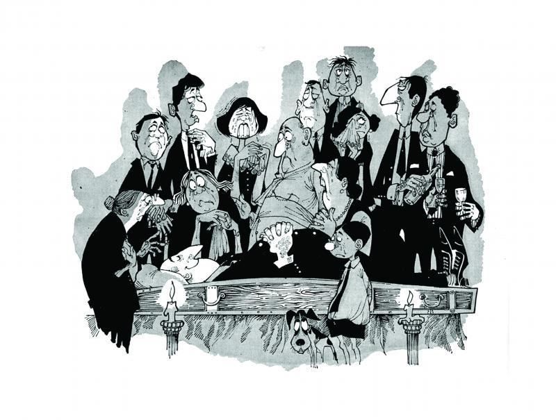 Figurative pen ink painting titled 'Death in the Family (1964)', 21x29 inches, by artist Mario Miranda on Paper