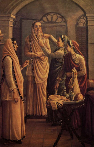 Decking The Bride (Adorning the Bride) by Raja Ravi Varma, Print Oil Figurative Painting on Canvas, X-Small Vertical Wall Art