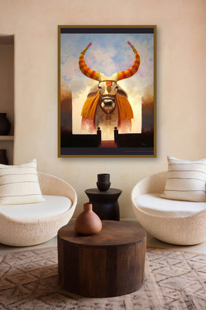 Decorated Cow by artist Vinayak Potdar displayed in a Minimalist gallery