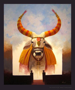 Decorated Cow by Vinayak Potdar, Original Acrylic Motivational Painting on Canvas, Medium Vertical Wall Art