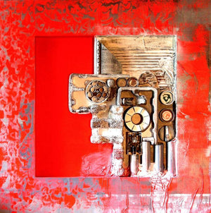 Decorative Assemblages Ii by Vivek Rao, Original Wood Abstract Painting on Wood, Small Square Wall Art