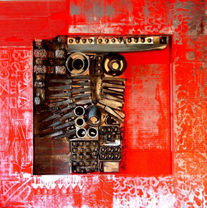 Decorative Assemblages Iii by Vivek Rao, Original Wood Abstract Painting on Wood, Small Square Wall Art