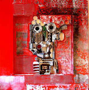 Decorative Assemblages Vi by Vivek Rao, Original Wood Abstract Painting on Wood, Small Square Wall Art