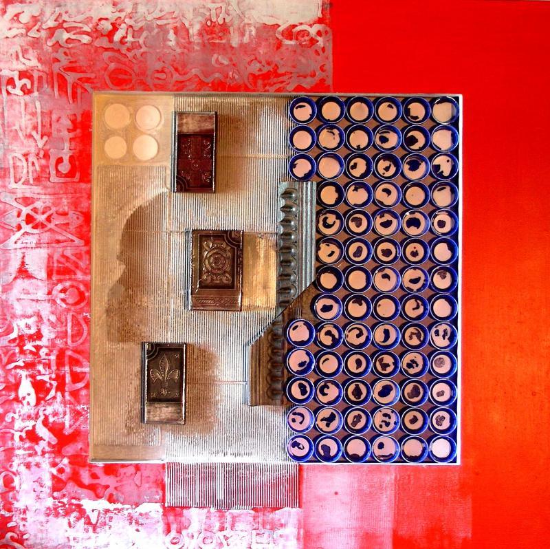 Abstract mixed media titled 'Decorative Assemblages XI', 24x24 inches, by artist Vivek Rao on wood