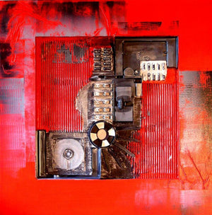 Decorative Assemblages Xii by Vivek Rao, Original Wood Abstract Painting on Wood, Small Square Wall Art
