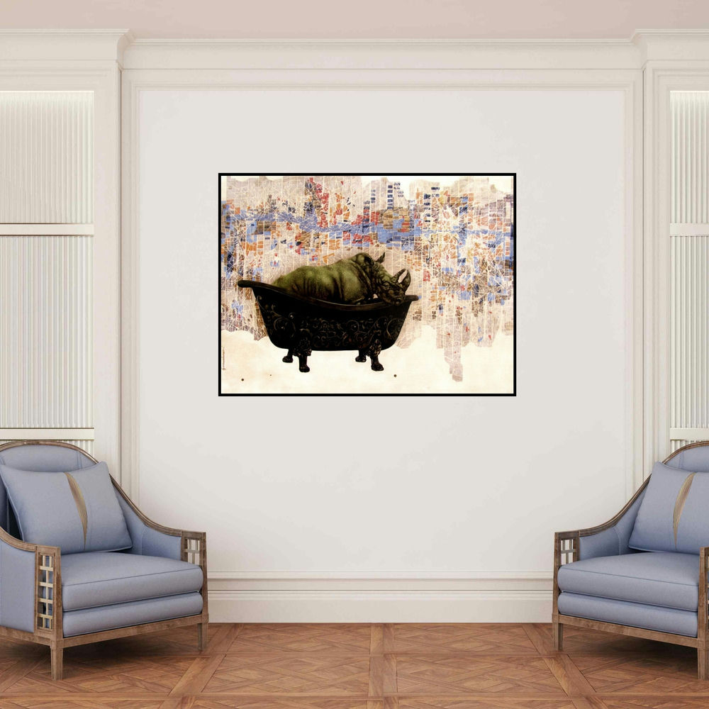 'Deep Insight 6 (Urban Safari)' painting by Guru Kinkar shown on a wall in a furnished room.