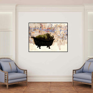 'Deep Insight 6 (Urban Safari)' painting by Guru Kinkar shown on a wall in a furnished room.