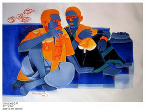 Deep Talk by Tailor Srinivas, Original Acrylic Figurative Painting on Canvas, Small Horizontal Wall Art