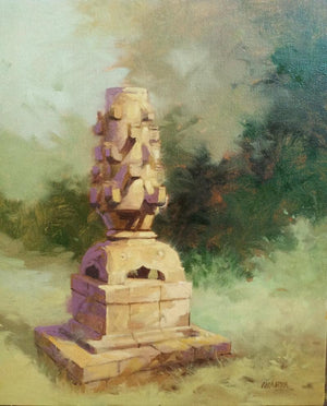 Deepmal (Guardian of the Past) by Mohan Charya, Original Oil Landscape Painting on Canvas, X-Small Vertical Wall Art