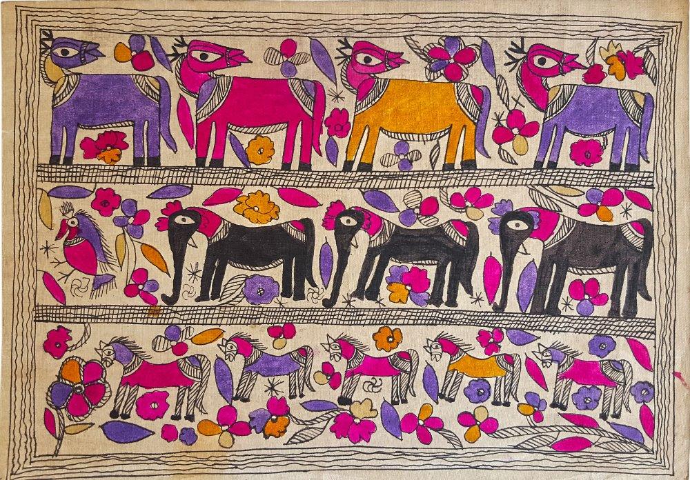 Folk Art madhubani traditional art titled 'Deer Friends Madhubani Art', 16x12 inches, by artist Yamuna Devi on Handmade Paper