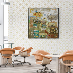 In-situ view of Avinash Karn's 'Delhi Behrupiya Shahar' painting in a room