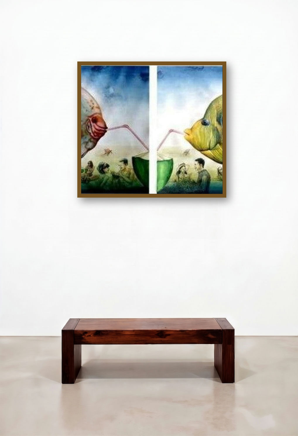 Delightful Moment (Fish Sharing a Drink) by artist Bikash Mohanta displayed in a Transitional Hallway