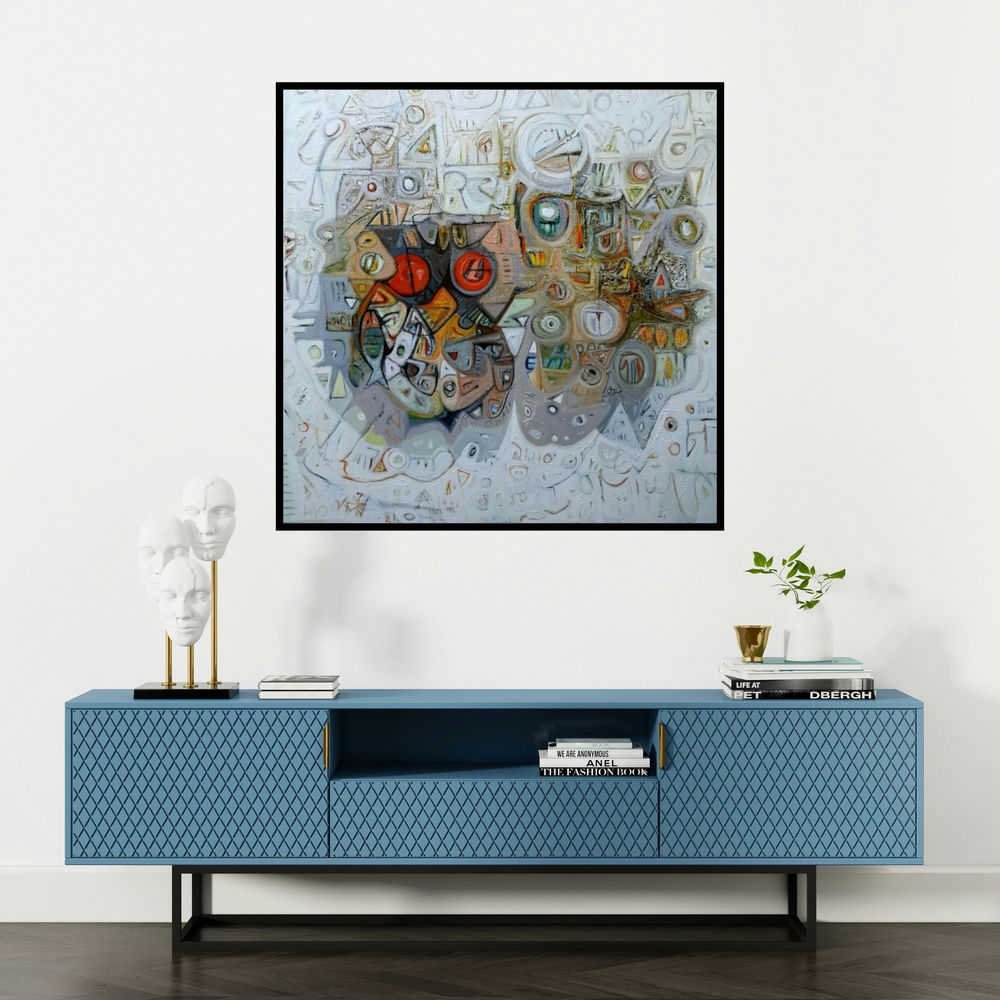 'Depth Of Life (The Language of Symbols)' painting by Rajesh Kumar Singh shown on a wall in a furnished room.