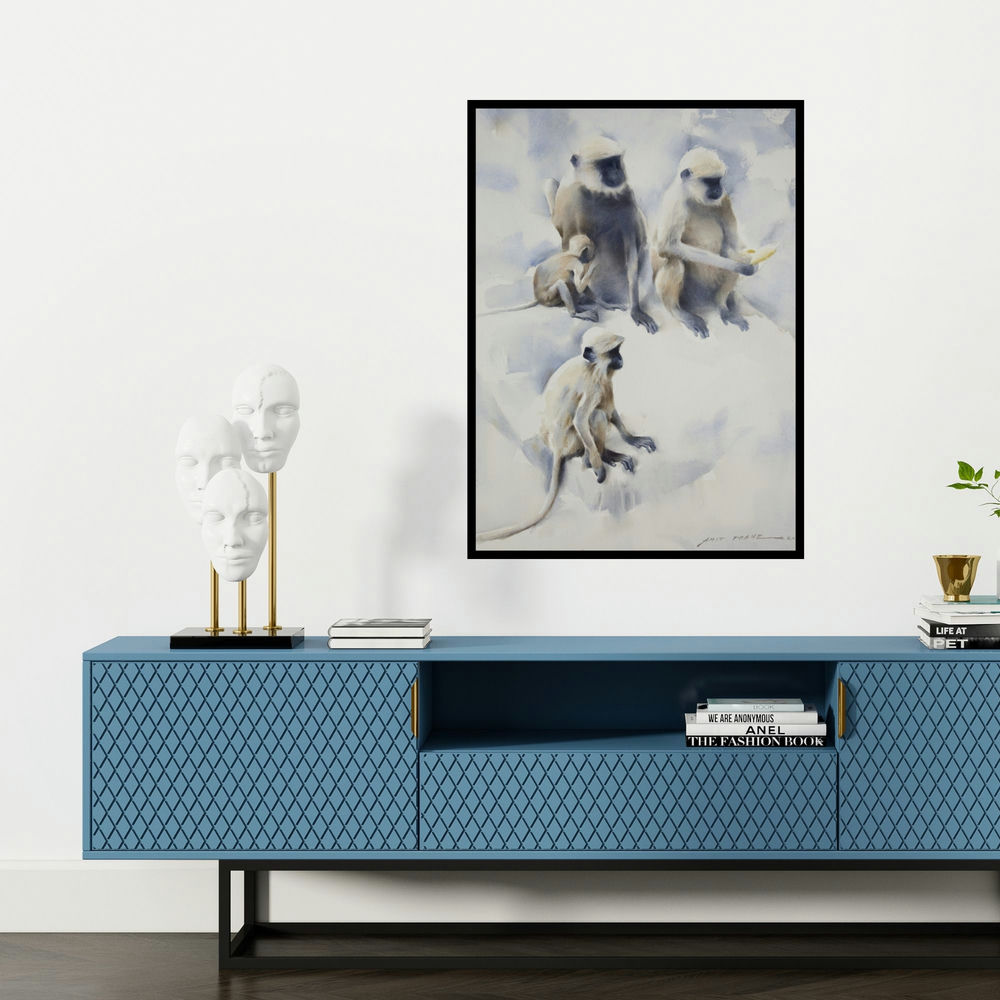 'The Descendents Orissa' painting by Amit Dhane shown on a wall in a furnished room.