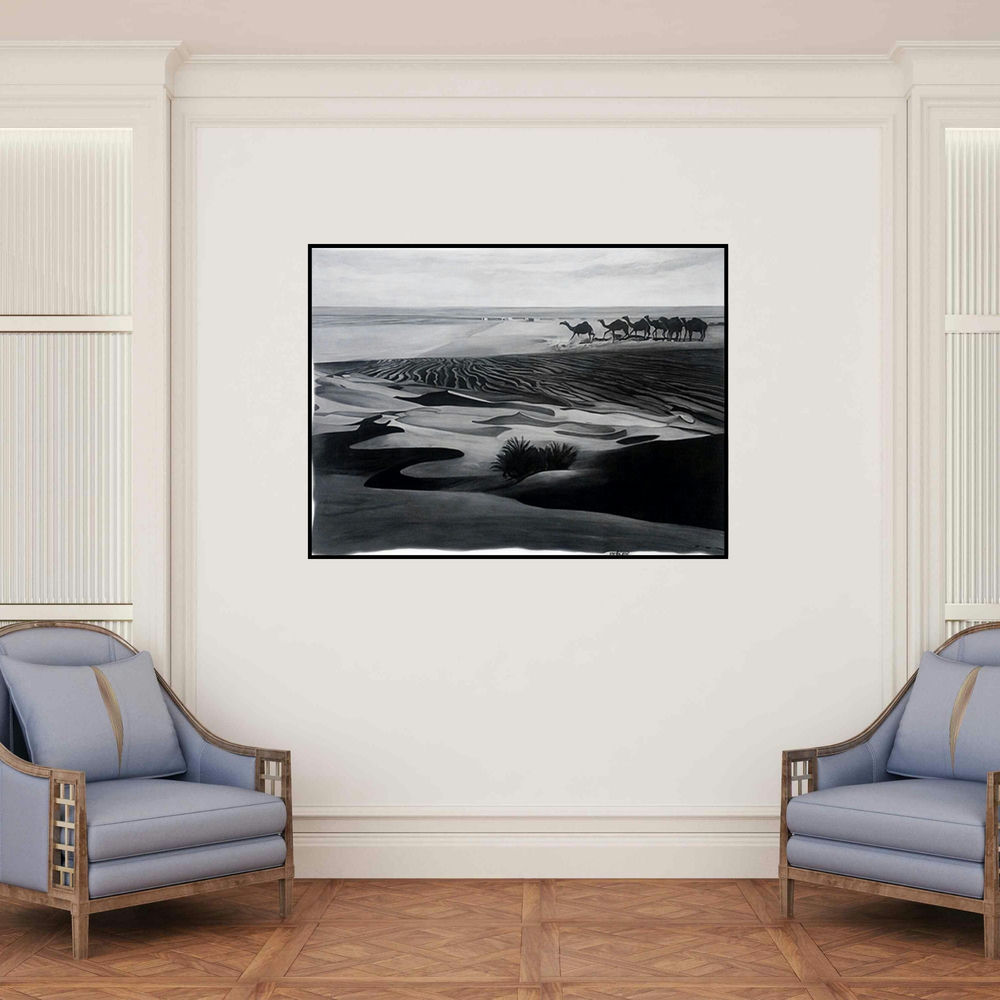 'Desert (Desert Crossing)' painting by Manish Sharma shown on a wall in a furnished room.