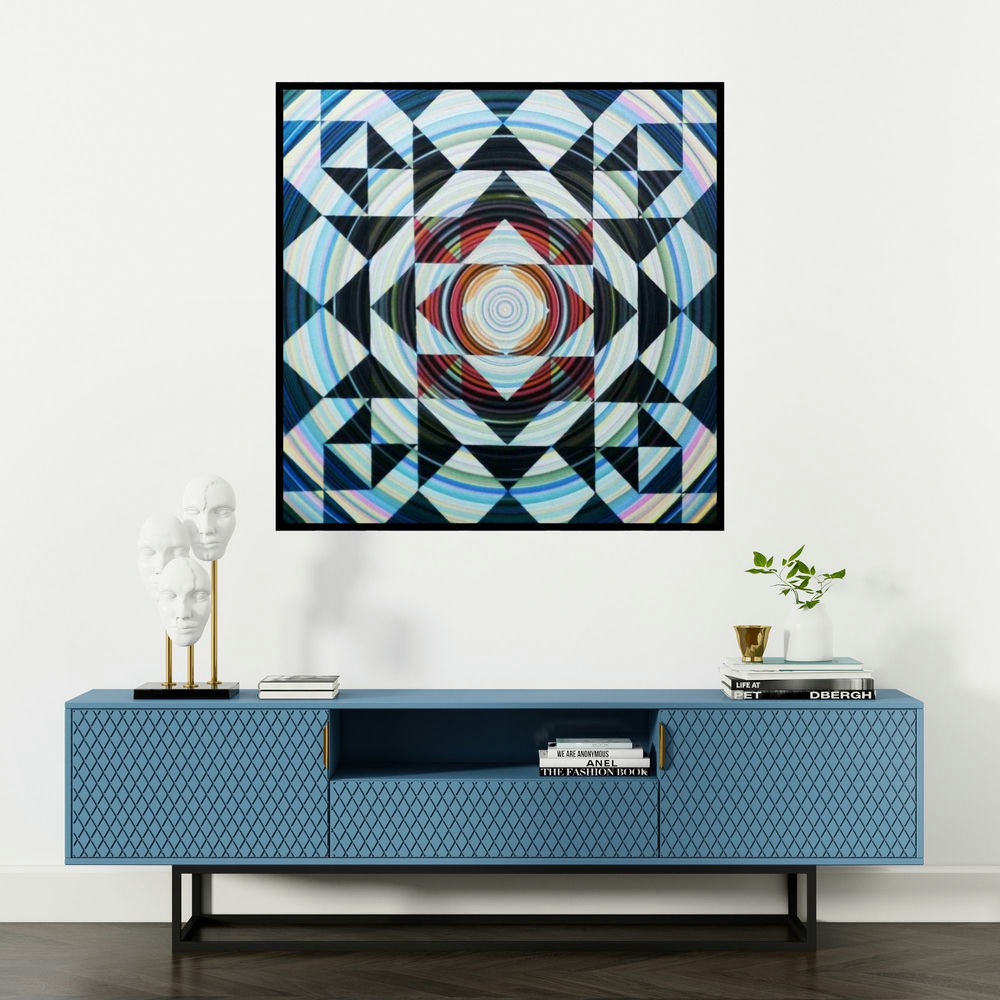 'Design Surface (Cosmic Tapestry)' painting by Ghanshyam Gupta shown on a wall in a furnished room.