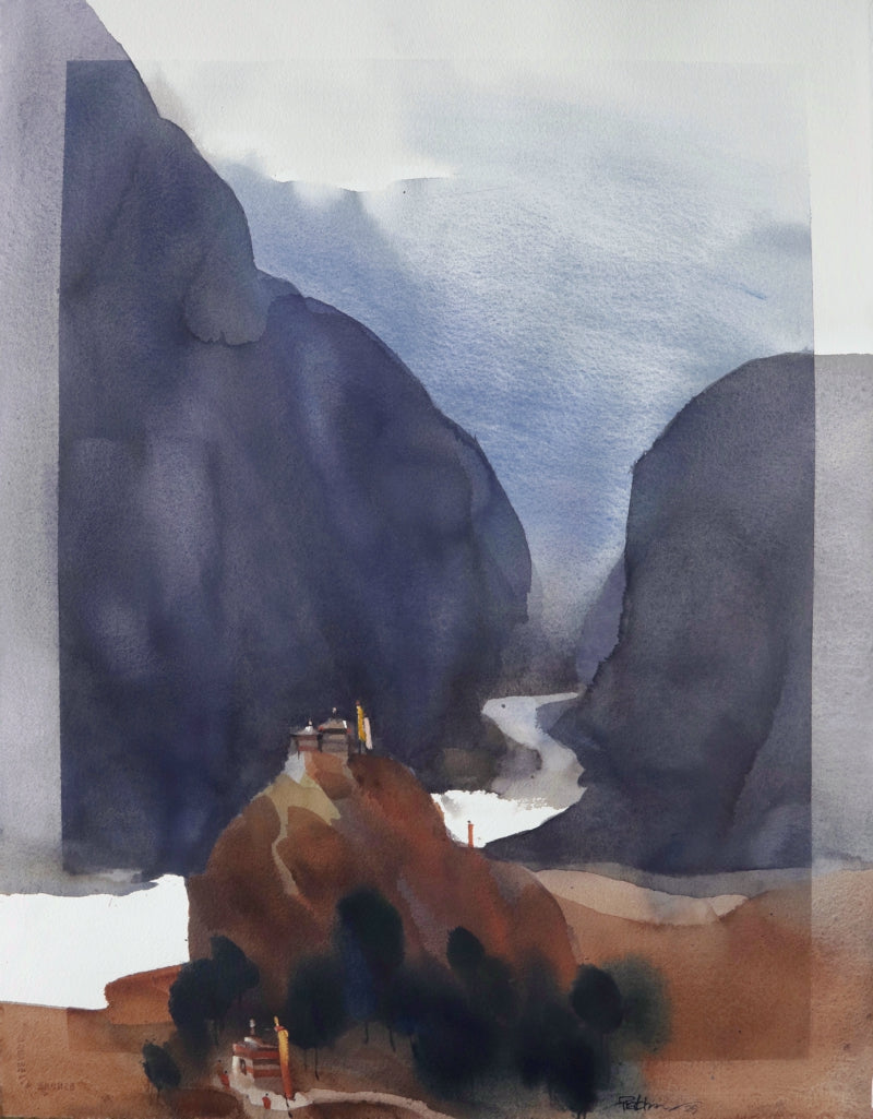 'Destination Is To Merge With The One' landscape watercolor painting by artist Prashant Prabhu, 30x22 inch, on paper