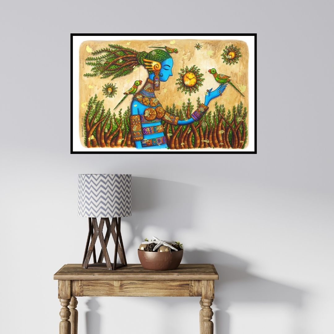 In-situ view of Dhimant Vyas's 'Destiny (The Guardian of Time)' painting in a room