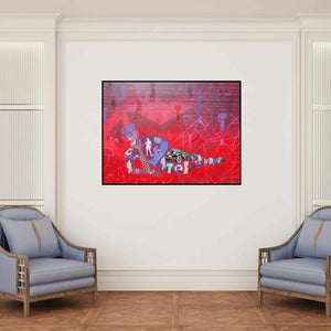 'Destiny (Reclining Figure with Symbols)' painting by Shitangshu Mondal shown on a wall in a furnished room.
