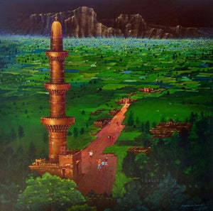 Cityscape acrylic painting titled 'Devagiri Fort', 36x36 inches, by artist Yogesh Lahane on Canvas