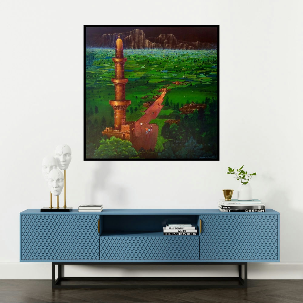 'Devagiri Fort (Children at Play)' painting by Yogesh Lahane shown on a wall in a furnished room.