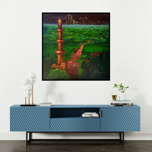 'Devagiri Fort (Children at Play)' painting by Yogesh Lahane shown on a wall in a furnished room.