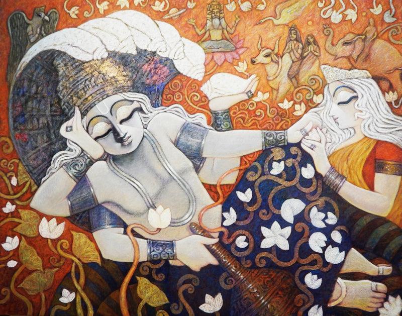 Religious mixed media painting titled 'Devarshee', 48x60 inches, by artist Subrata Ghosh on Canvas